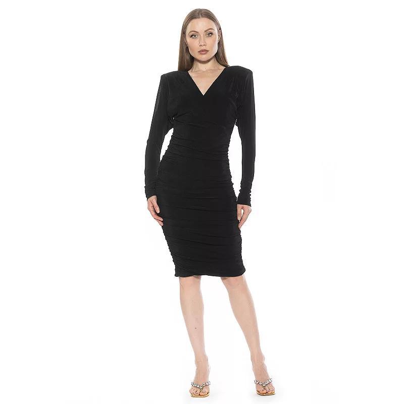 Womens ALEXIA ADMOR Starlette Surplice Long Sleeve Slinky Ruched Midi Dress Blue Product Image