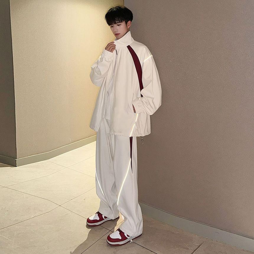 Set: Stand Collar Contrast Trim Zip Jacket + Mid Rise Wide Leg Sweatpants Product Image