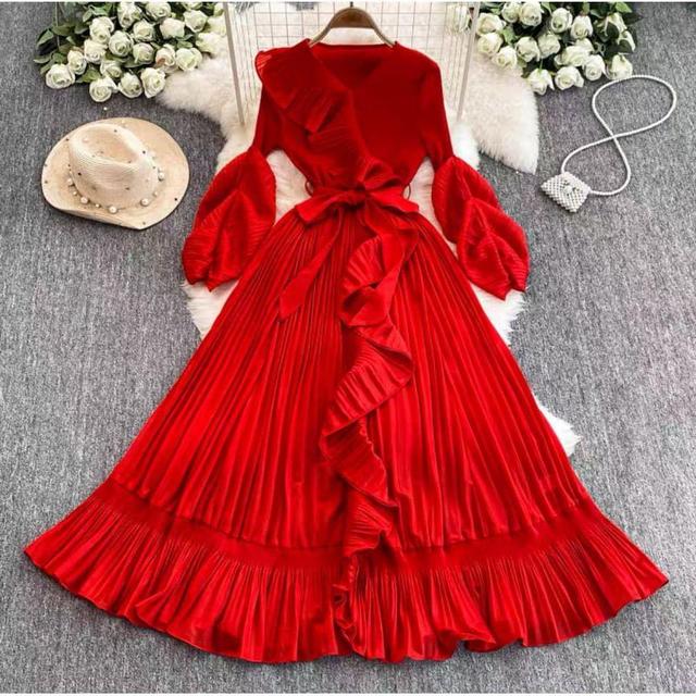 Long-Sleeve V-Neck Plain Ruffle Trim Crinkle Tie Waist Maxi A-Line Dress Product Image