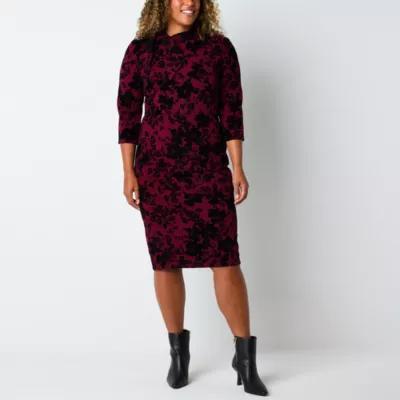 Liz Claiborne Womens 3/4 Sleeve Floral Midi Sheath Dress Product Image