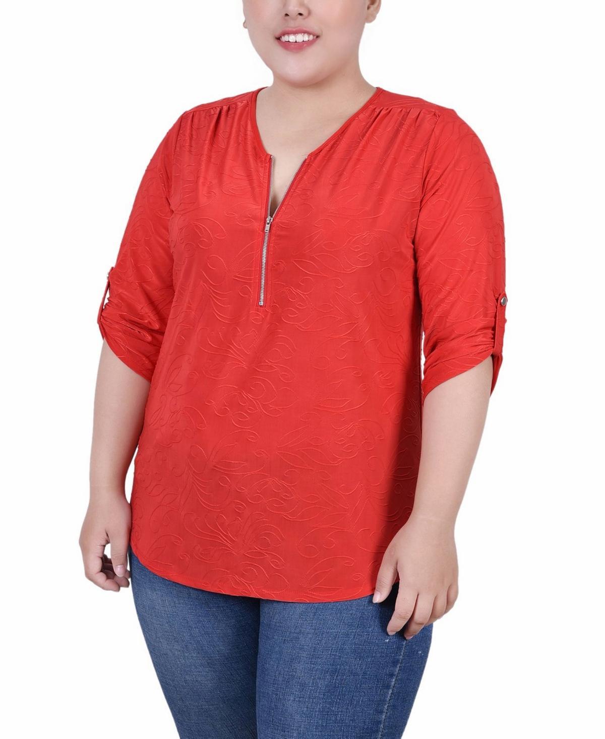 Ny Collection Plus Size 3/4 Roll Tab Zip Front Jacquard Knit Top Product Image