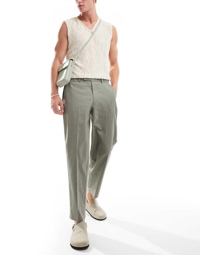 ASOS DESIGN oversized tapered linen blend dress pants in dusty green Product Image