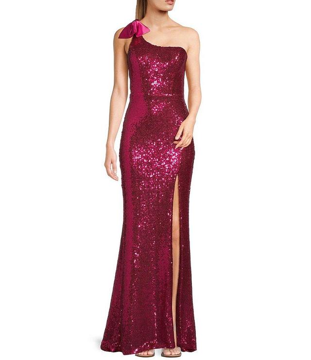 Next Up Sequin Bow One-Shoulder Bar Back Front Slit Long Dress Product Image