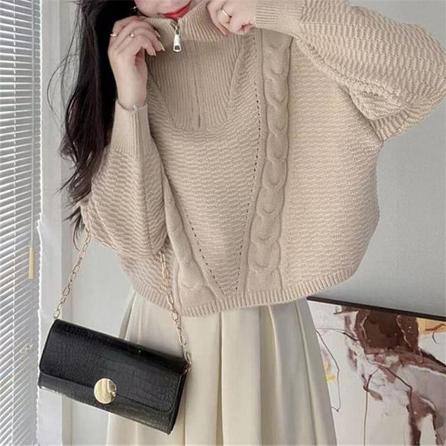 Turtleneck Half Zip Plain Cable Knit Sweater Product Image