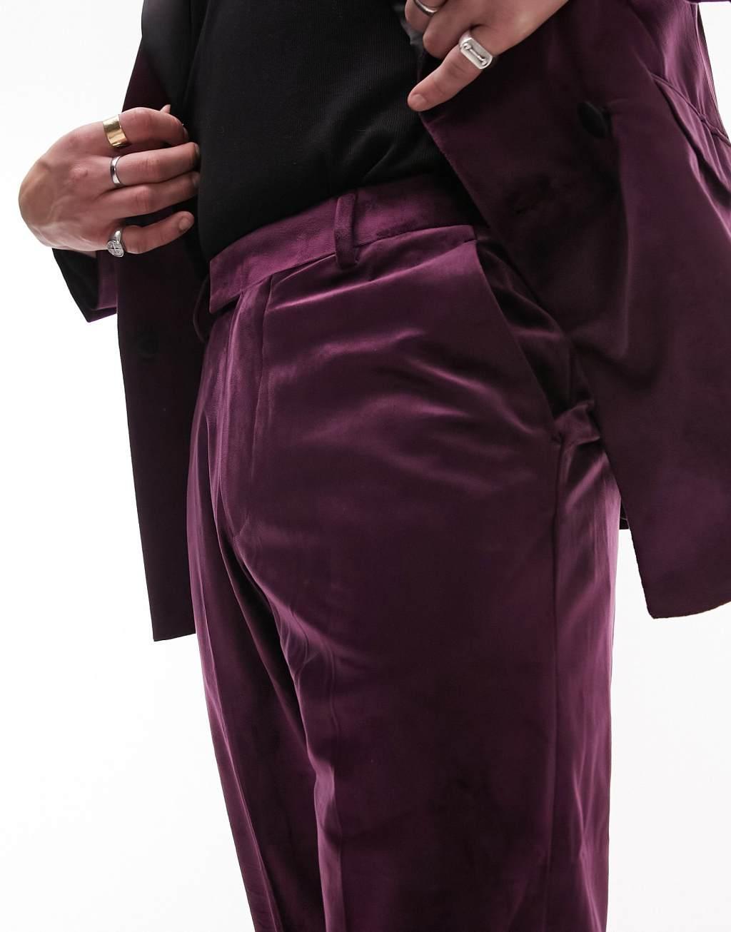 Topman tapered velvet suit pants in purple Product Image