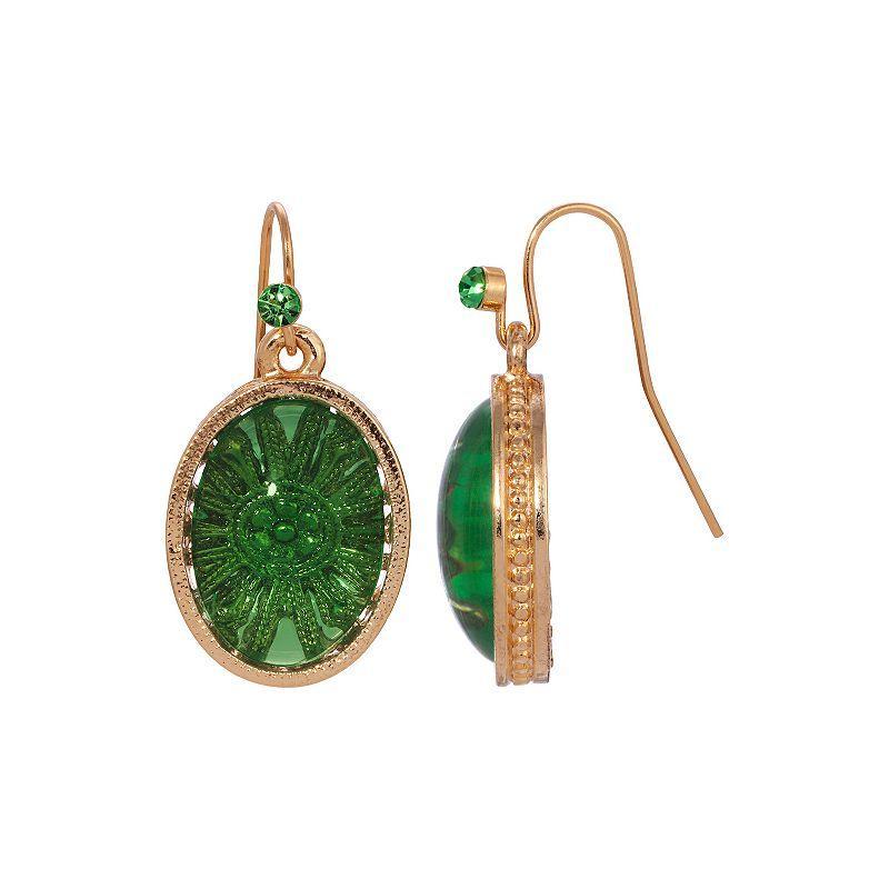 1928 Gold Tone Oval Glass Drop Earrings, Womens, Green Product Image