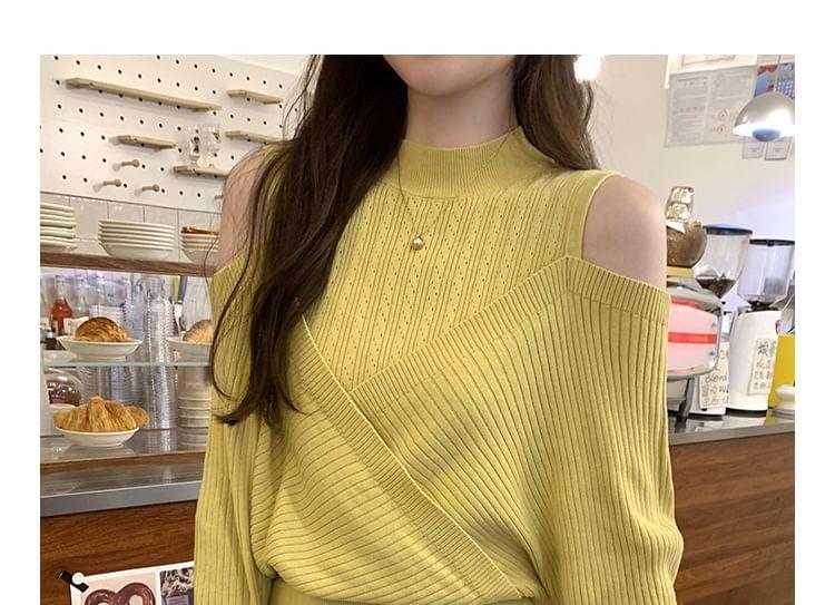 Cold-Shoulder Plain Ribbed Mock Two-Piece Sweater Product Image