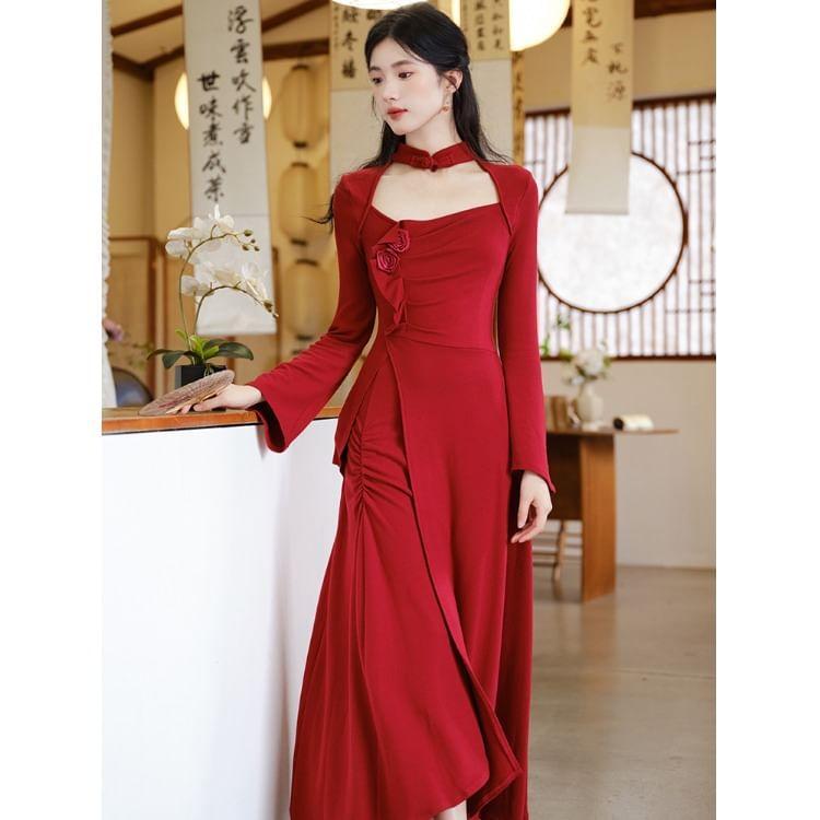 Long-Sleeve Stand Collar Plain Asymmetrical Cutout Ruched Maxi A-Line Dress Product Image