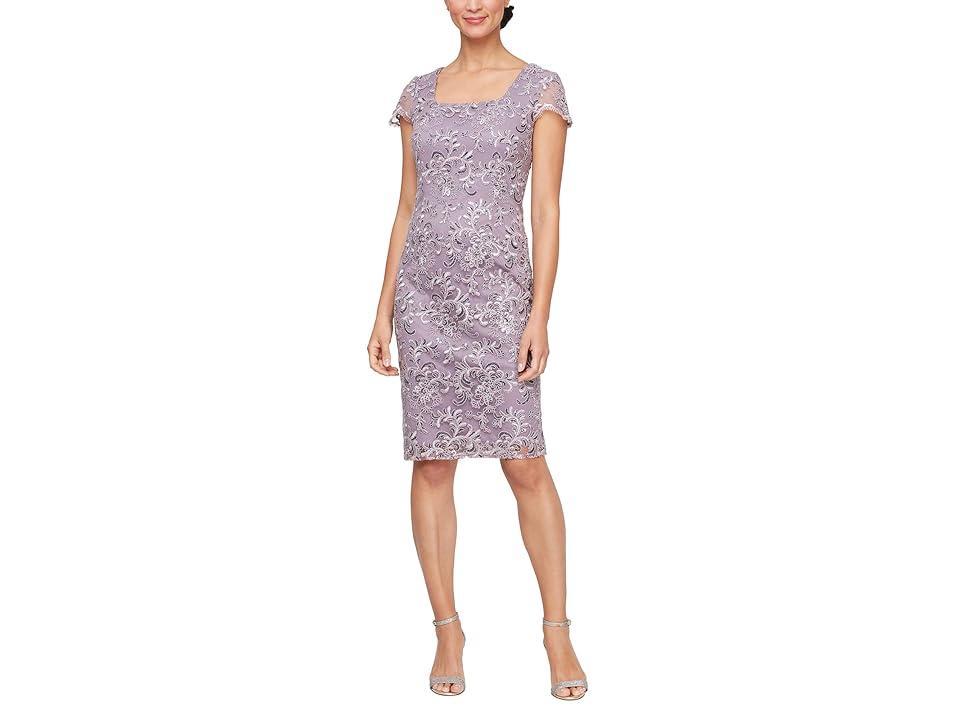 Alex Evenings Embroidered Sheath Dress with Cap Sleeves and Square Neckline (Wisteria) Women's Dress Product Image