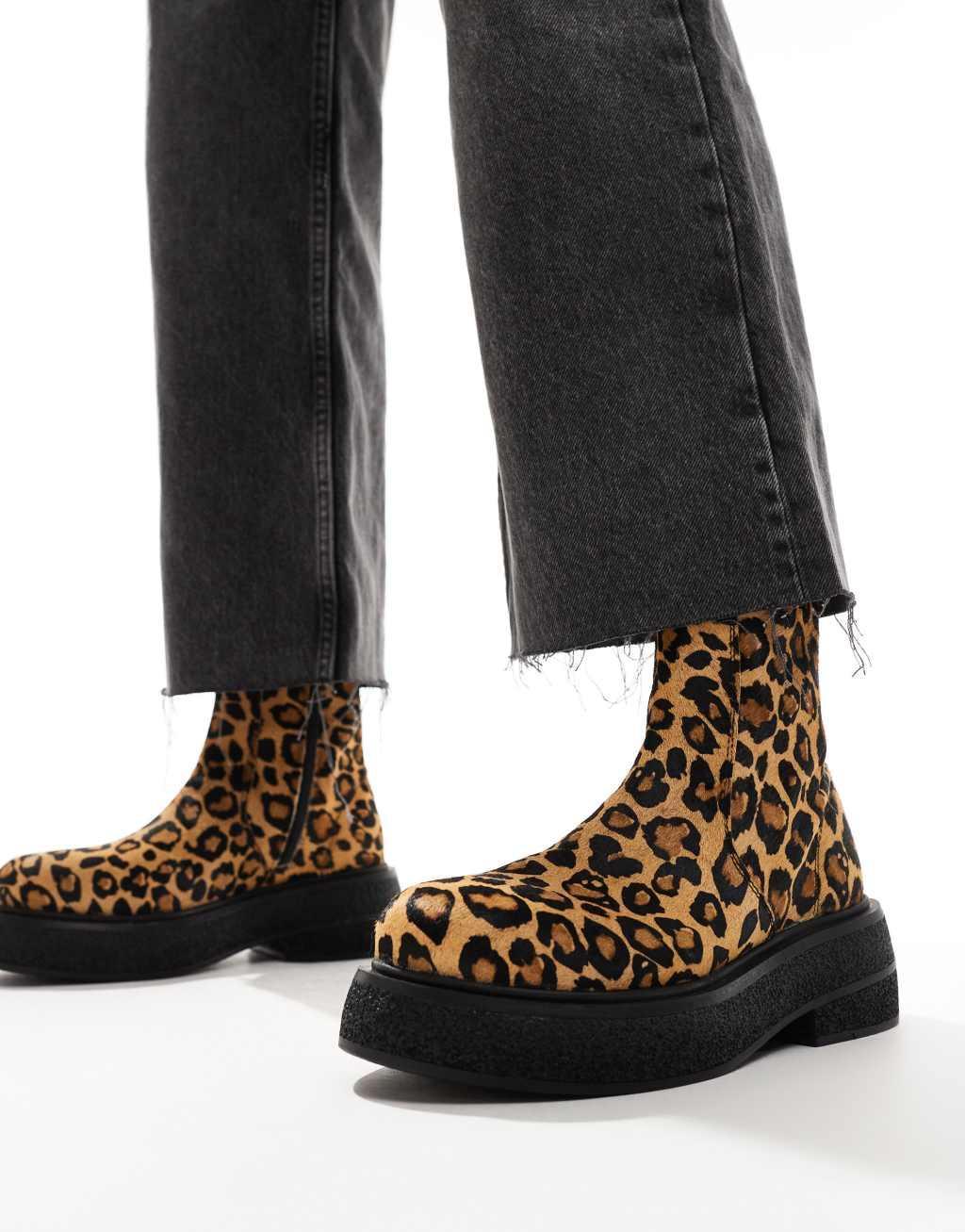 ASOS DESIGN Achieve flat leather boots in leopard  Product Image