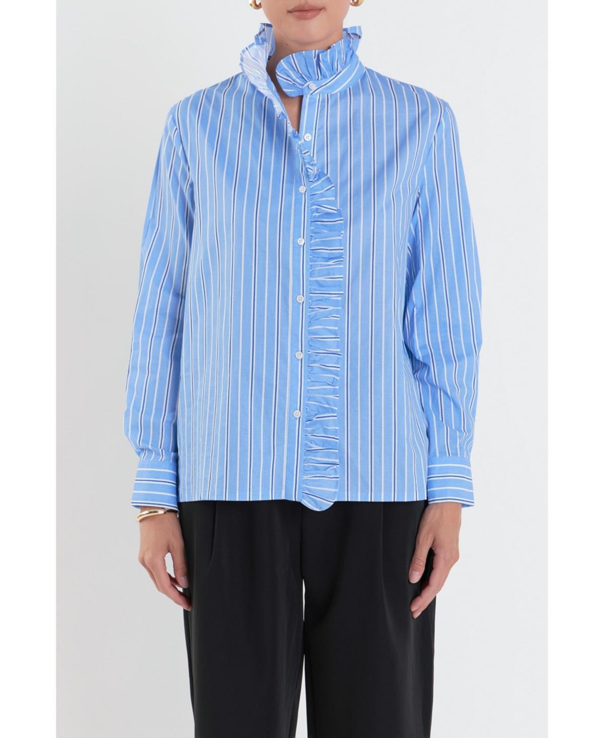 English Factory Womens Stripe Ruffled Shirt - Blue Product Image