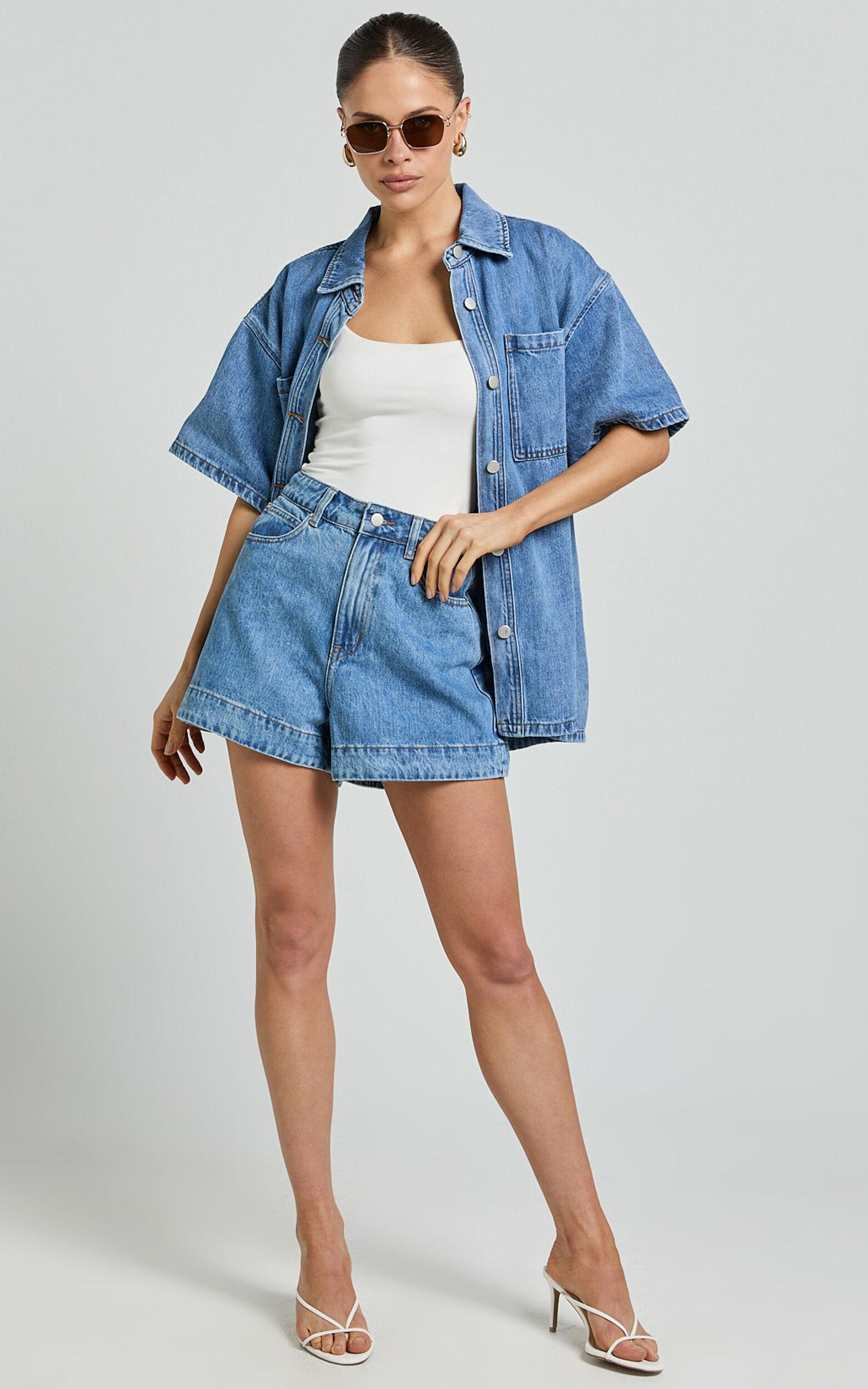 Rhianna Shorts - Mid Waist Recycled Denim Shorts in Mid Blue Wash Product Image