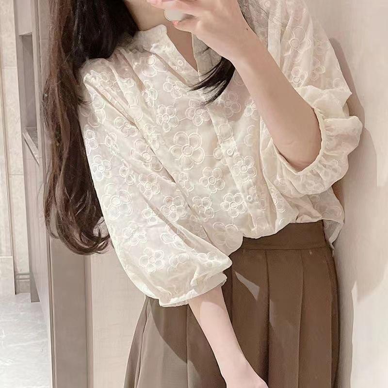 3/4-Sleeve Band Collar Floral Embroidered Blouse Product Image