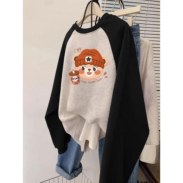 Round Neck Cat Print Raglan Sweatshirt Product Image