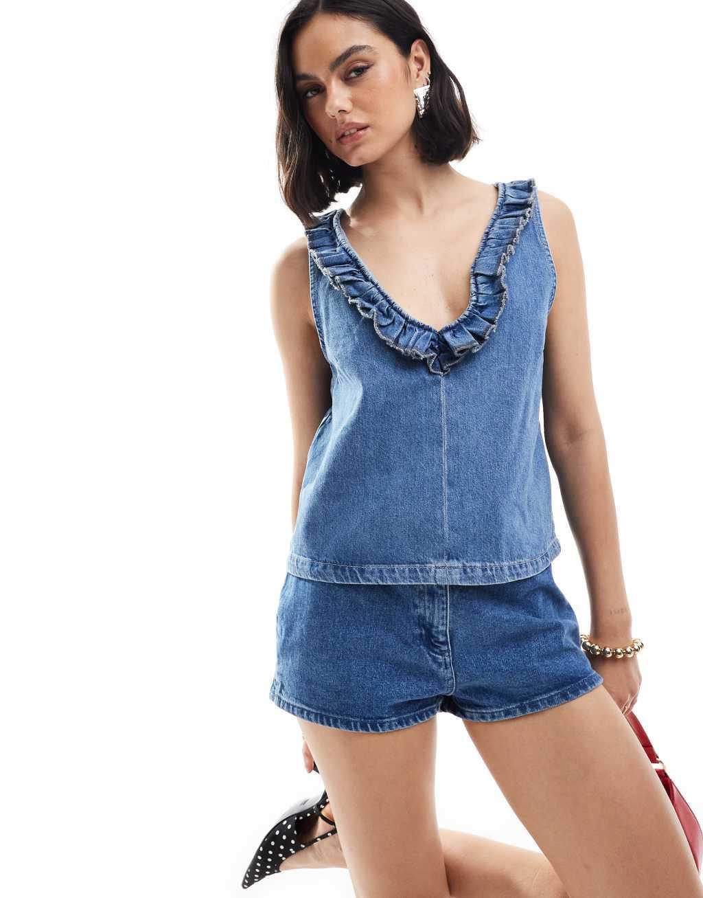 ASOS DESIGN denim frill front top in mid blue Product Image