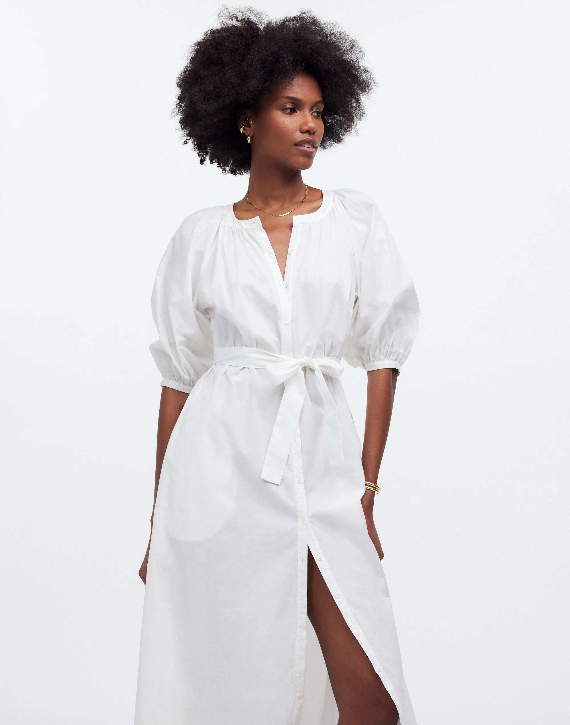 Tie-Waist Button-Front Midi Dress in Poplin Product Image