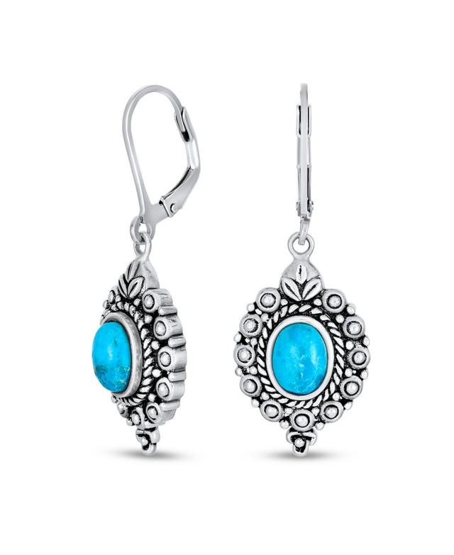 Western Style Oval Filigree Gemstone Blue Turquoise Lever Back Dangle Drop Earrings For Women Oxidized .925 Sterling Silver Product Image