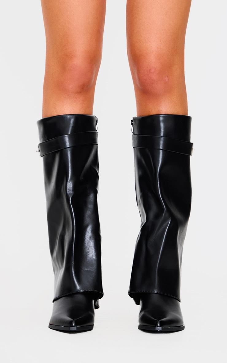 Black PU Point Toe Lock Detail Calf High Low Block Heeled Boots Product Image