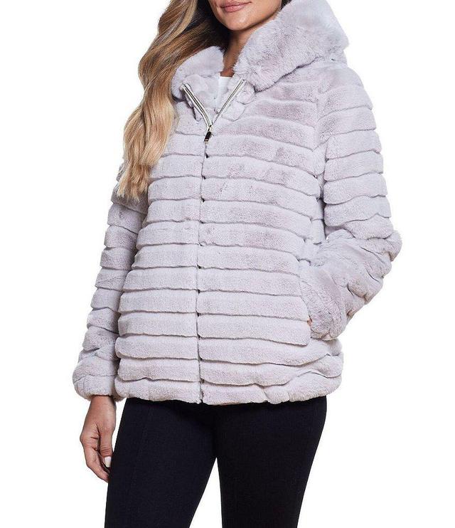 Gallery Faux Fur Stand Collar Long Sleeve Grooved Hooded Jacket Product Image