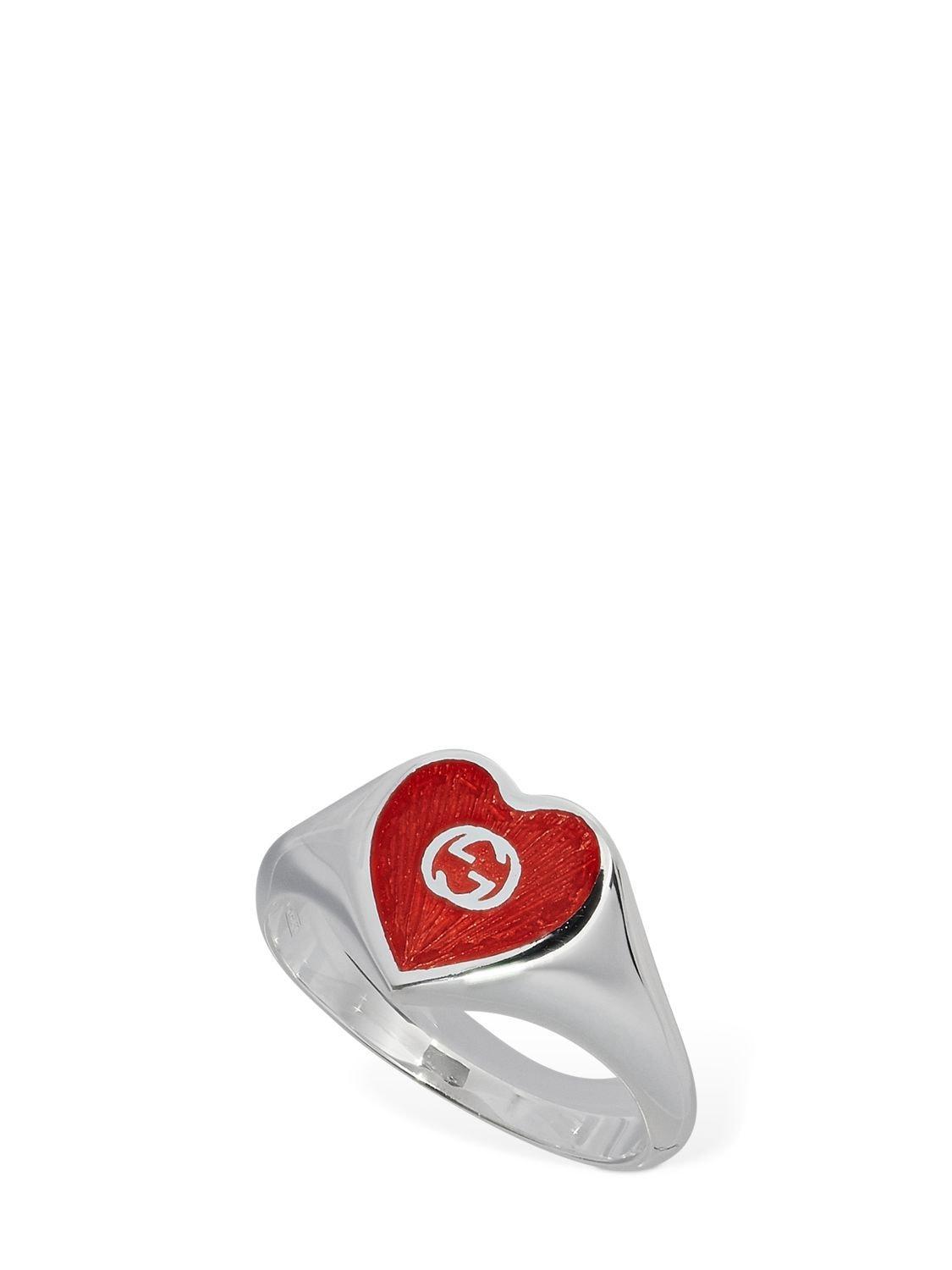 GUCCI Sterling Silver Interlocking G Heart Enamel Ring In Red   / Silver Product Image