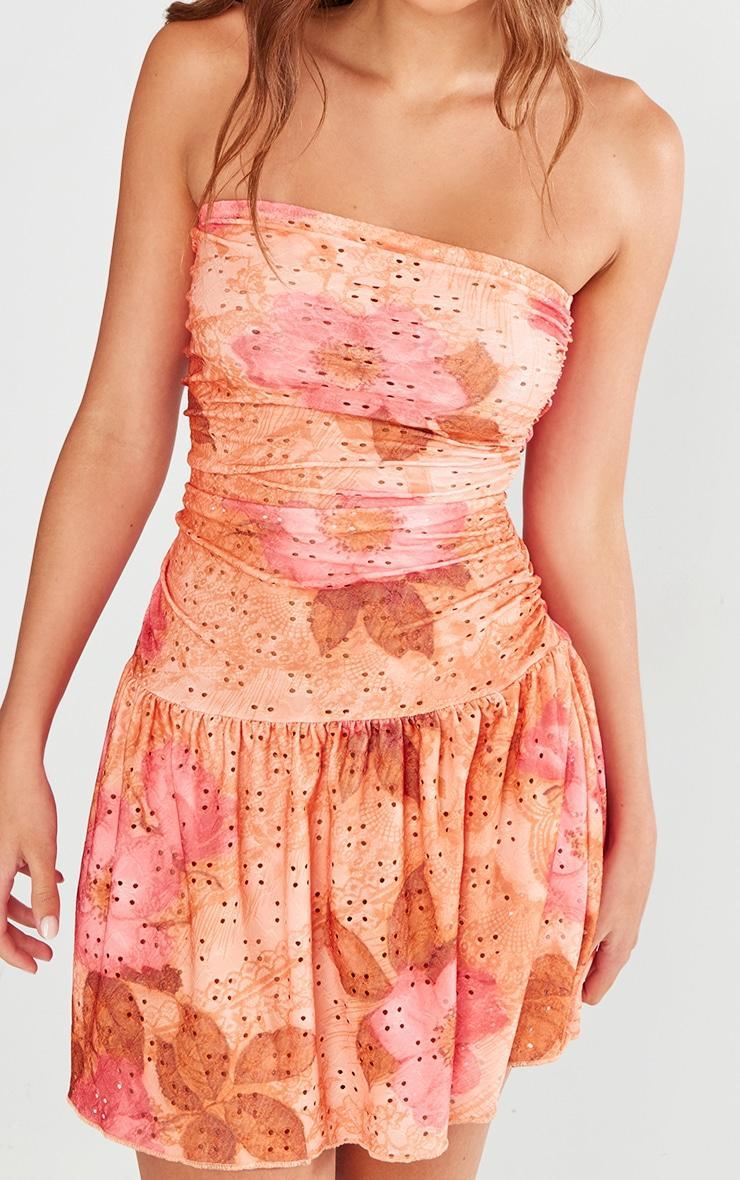 Pink Floral Printed Broderie Frill Bandeau Bodycon Dress Product Image