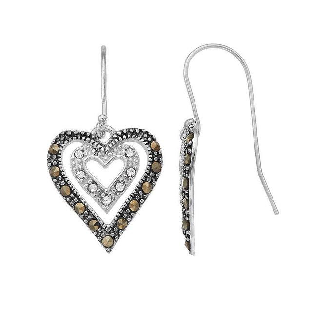 Tori Hill Sterling Silver Marcasite & Crystal Double Heart Drop Earrings, Womens Product Image