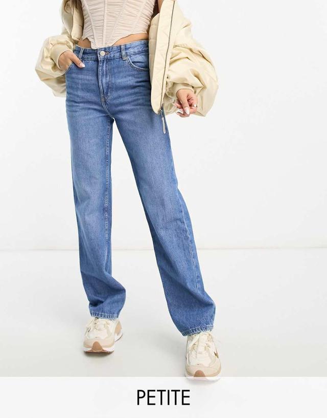 Bershka Petite straight leg jeans in mid blue Product Image