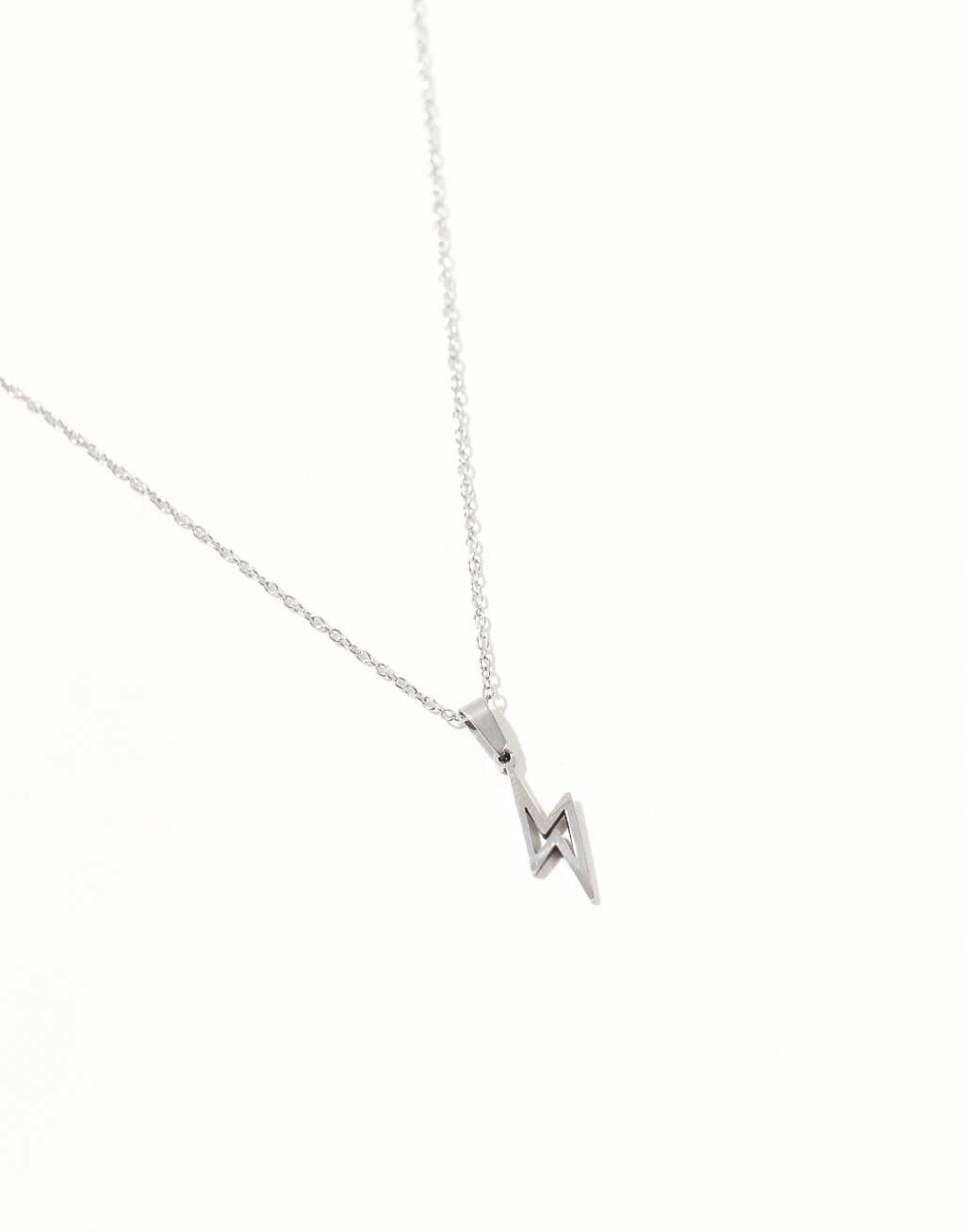 ASOS DESIGN waterproof stainless steel necklace with lightning bolt pendant in silver tone Product Image