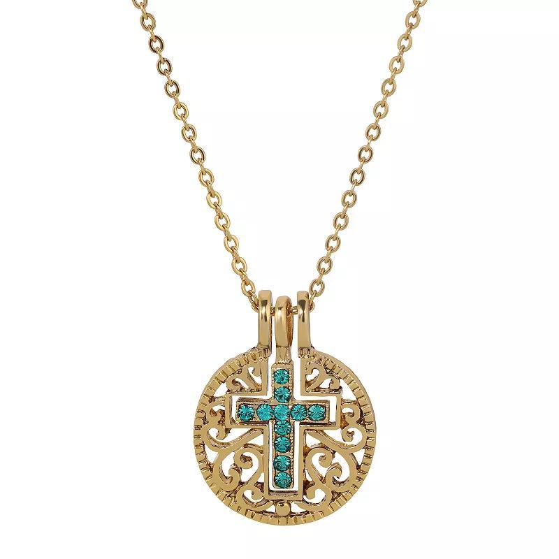 1928 Gold Tone Birthstone Crystal Cross Pendant Necklace, Womens, Blue Product Image