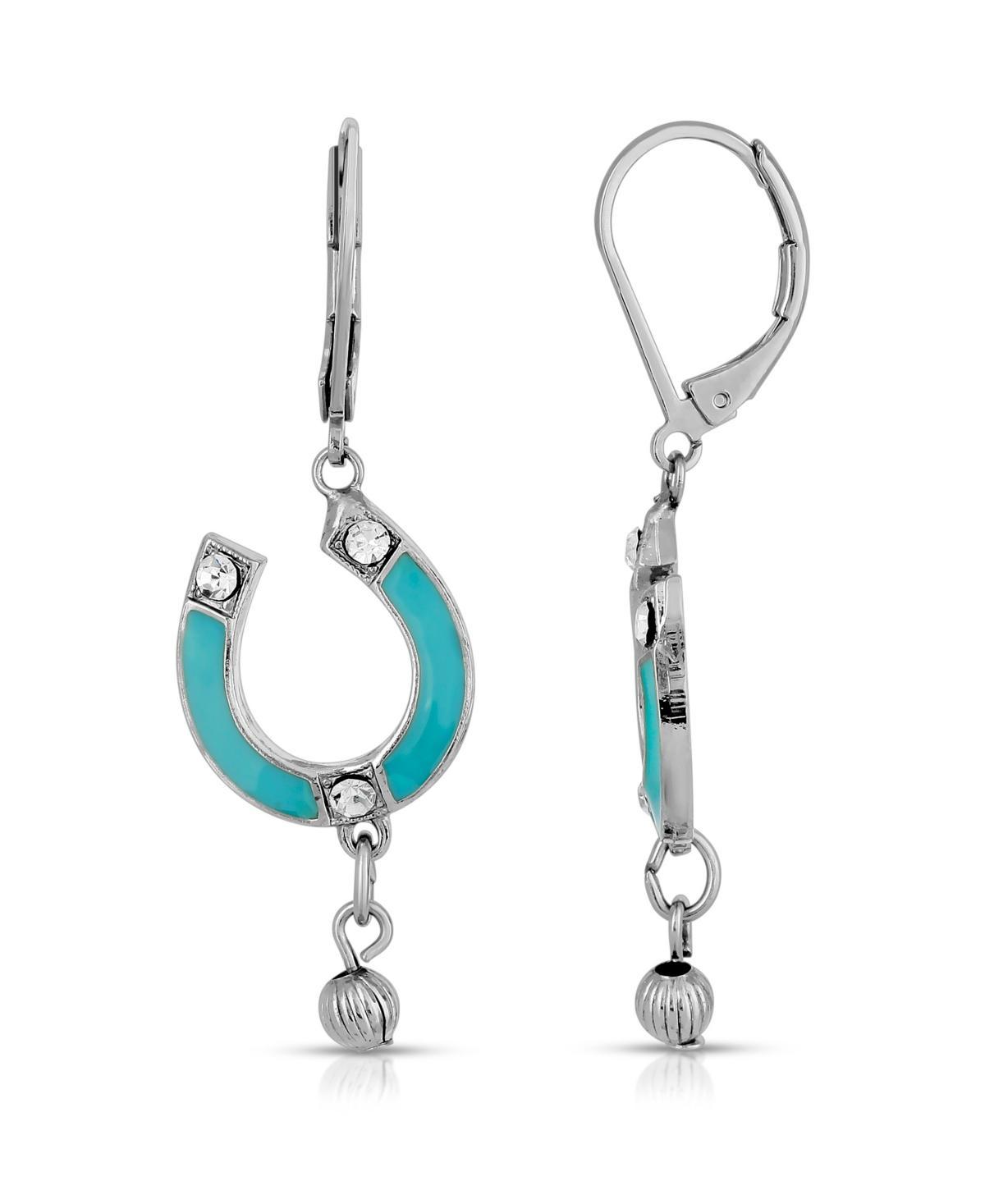 1928 Silver-Tone Turquoise Color Enamel with Crystal Accents Horsehoe Drop Earrings, Womens Product Image