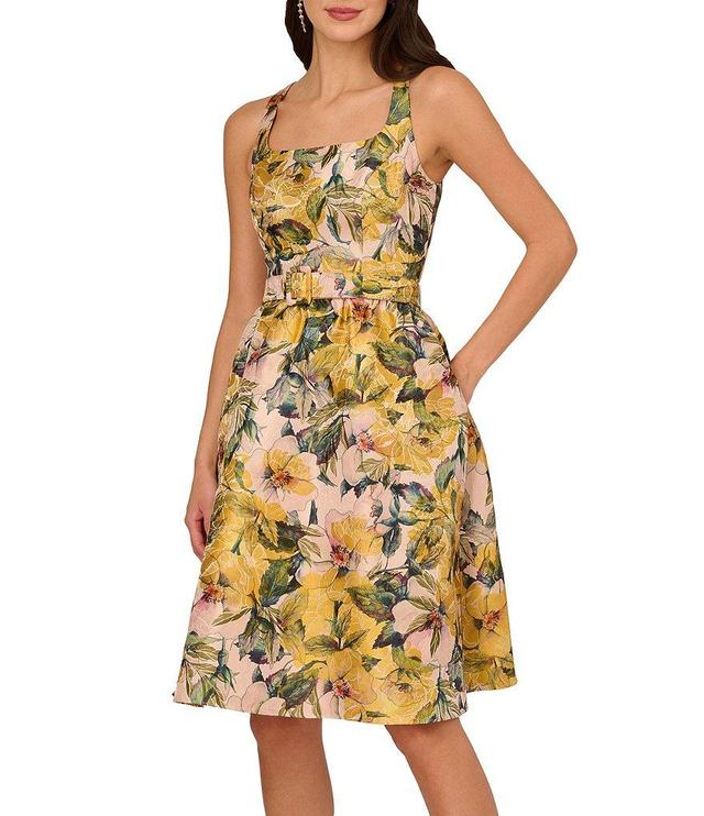 Adrianna Papell Floral Jacquard Square Neck Sleeveless Belted Dress Product Image