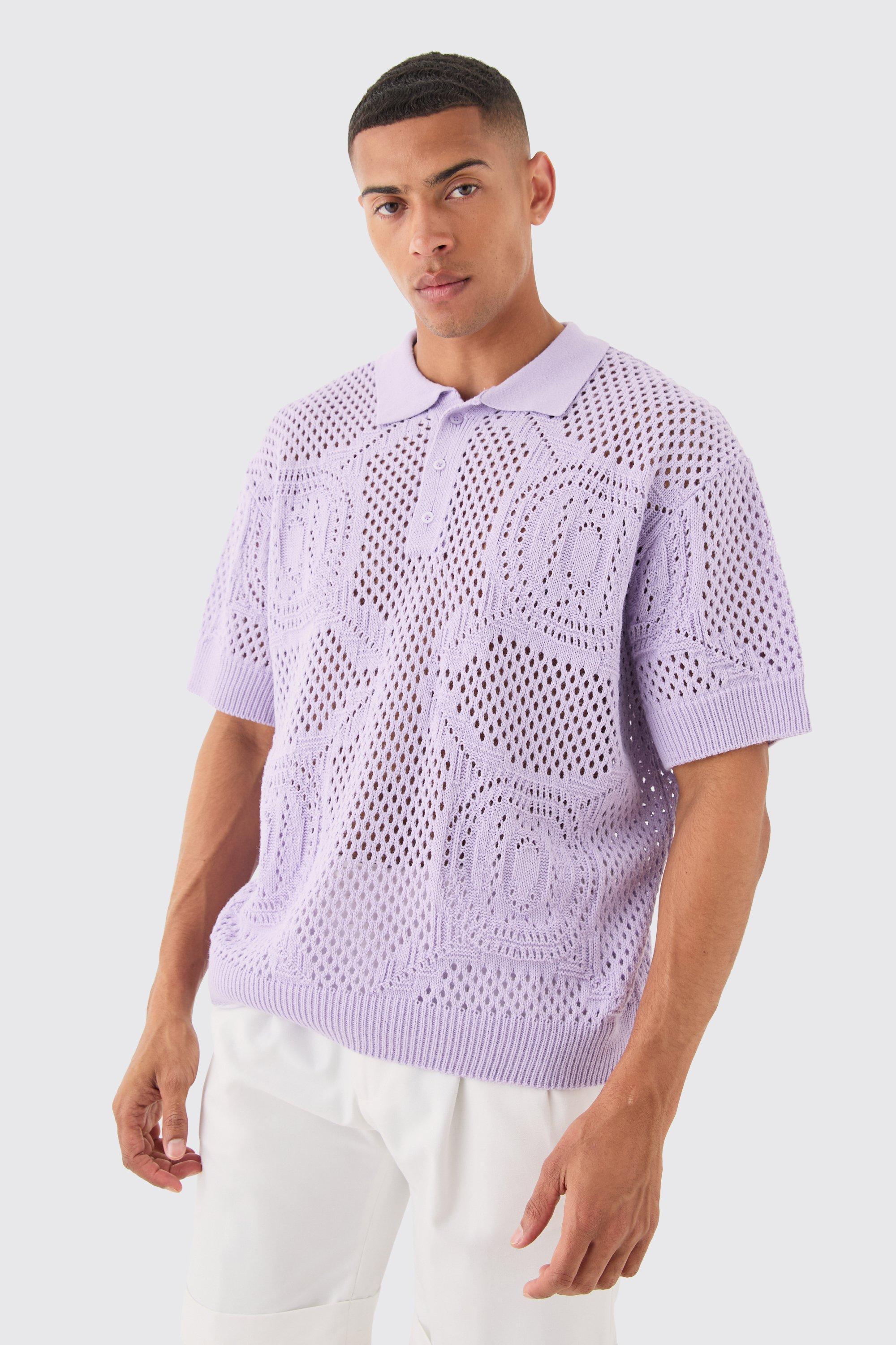 Mens Purple Oversized Boxy Open Stitch All Over Textured Polo In Lilac, Purple Product Image