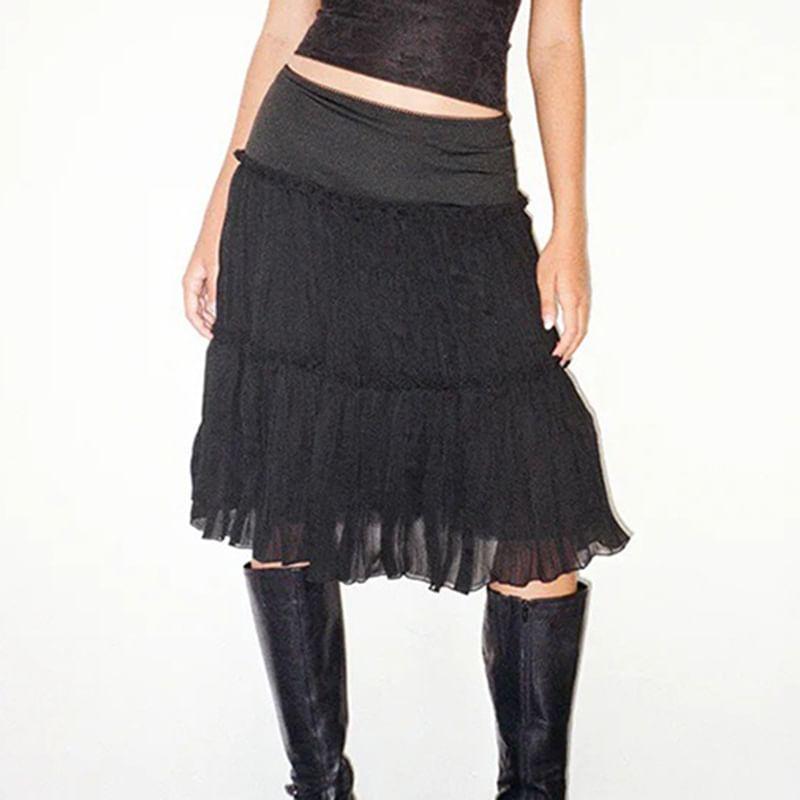 Low Rise Plain Mesh Panel Ruched Midi A-Line Skirt Product Image