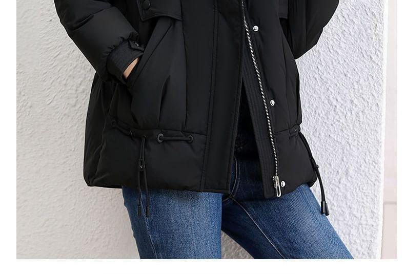 Stand Collar Plain Drawstring Zip Puffer Jacket Product Image