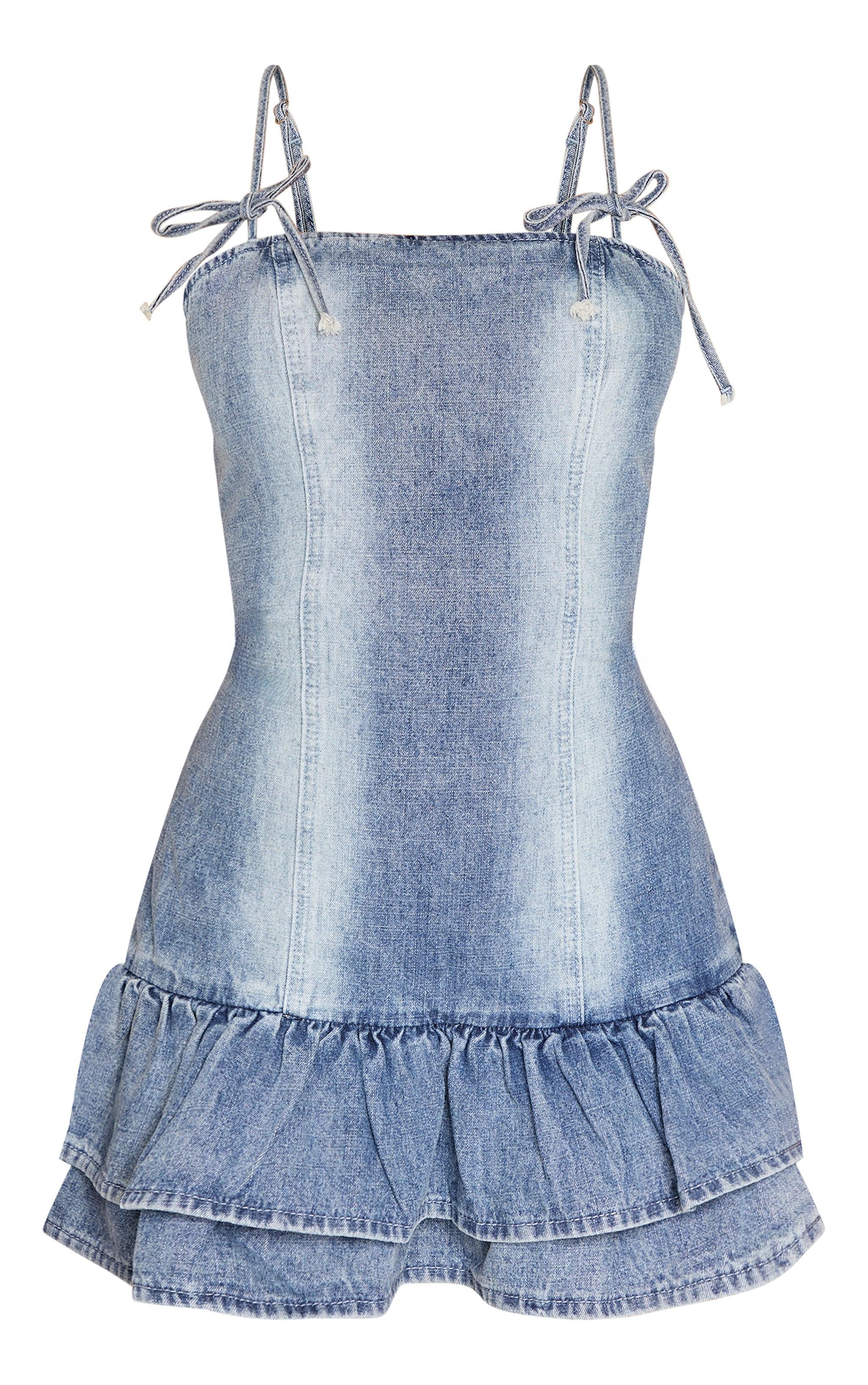 Vintage Bow Detail Puffball Denim Mini Dress Product Image