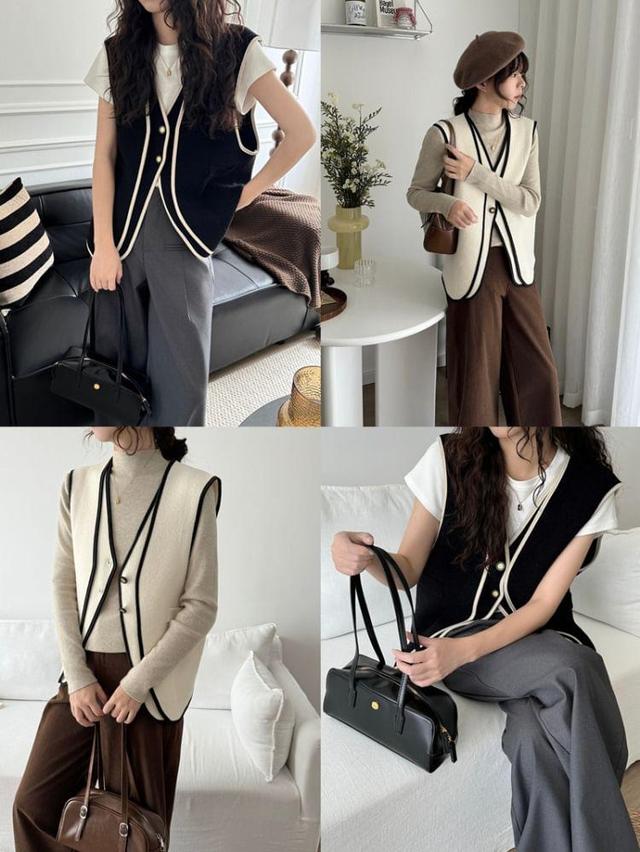 V-Neck Contrast Trim Button-Up Sweater Vest Product Image