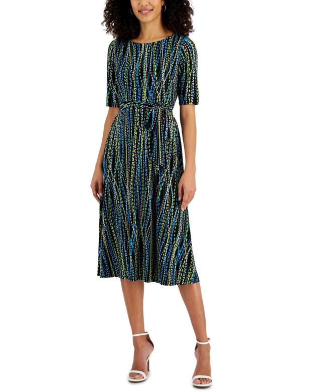 Kasper Womens Printed Fit & Flare Tie-Waist Dress - Black Product Image