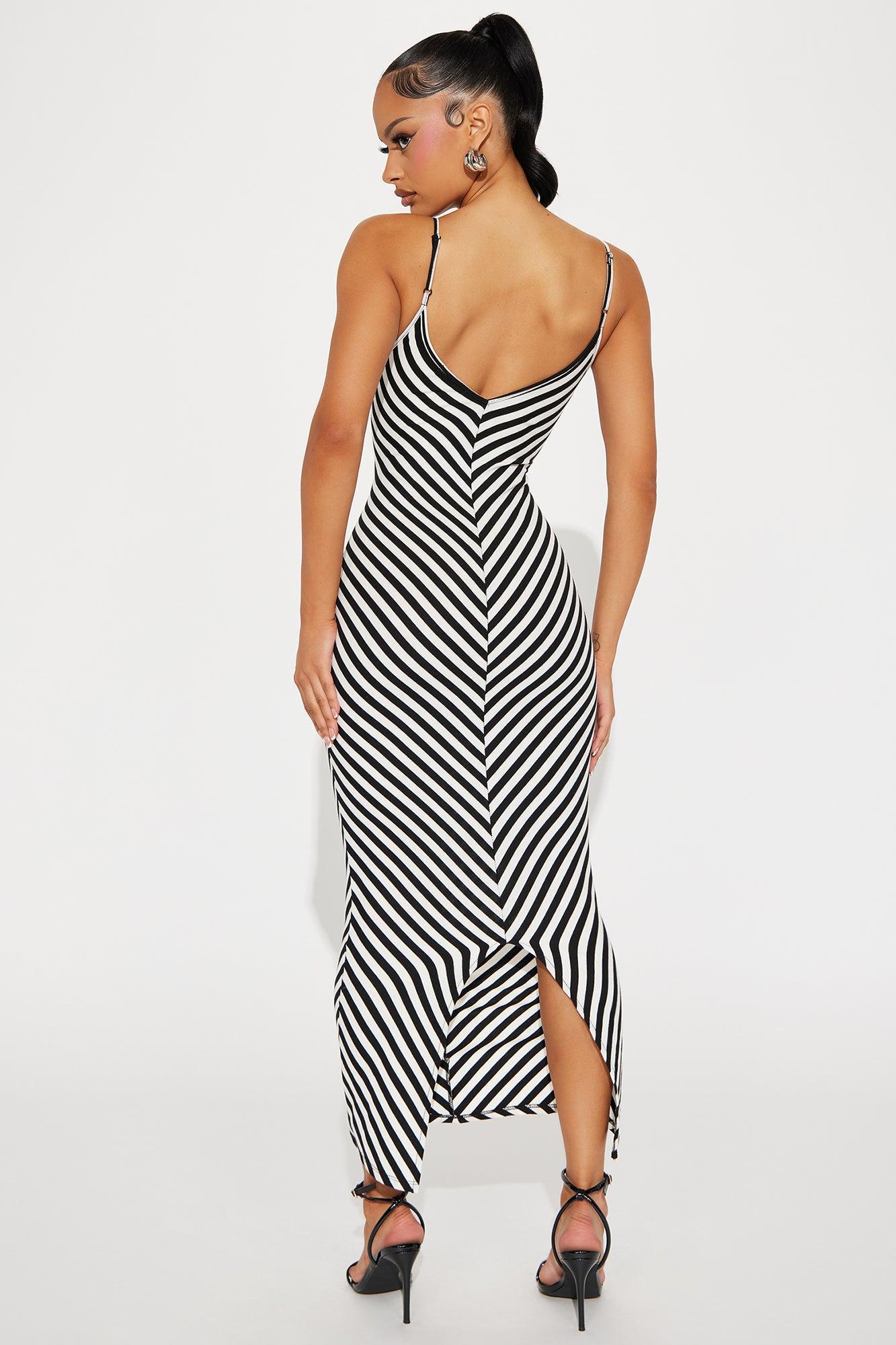 Claire Striped Ribbed Midi Dress - Black/White Product Image