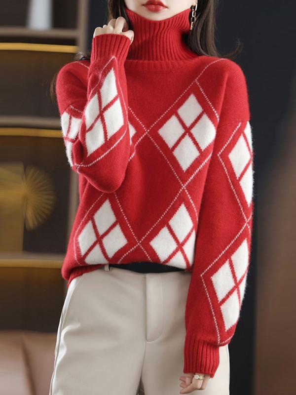 Casual Long Sleeves Loose Plaid High-Neck Sweater Tops Product Image