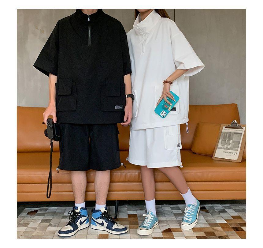 Couple Matching Set: Elbow-Sleeve Plain Half-Zip Overhead Jacket + Mid Rise Wide Leg Cargo Shorts Product Image