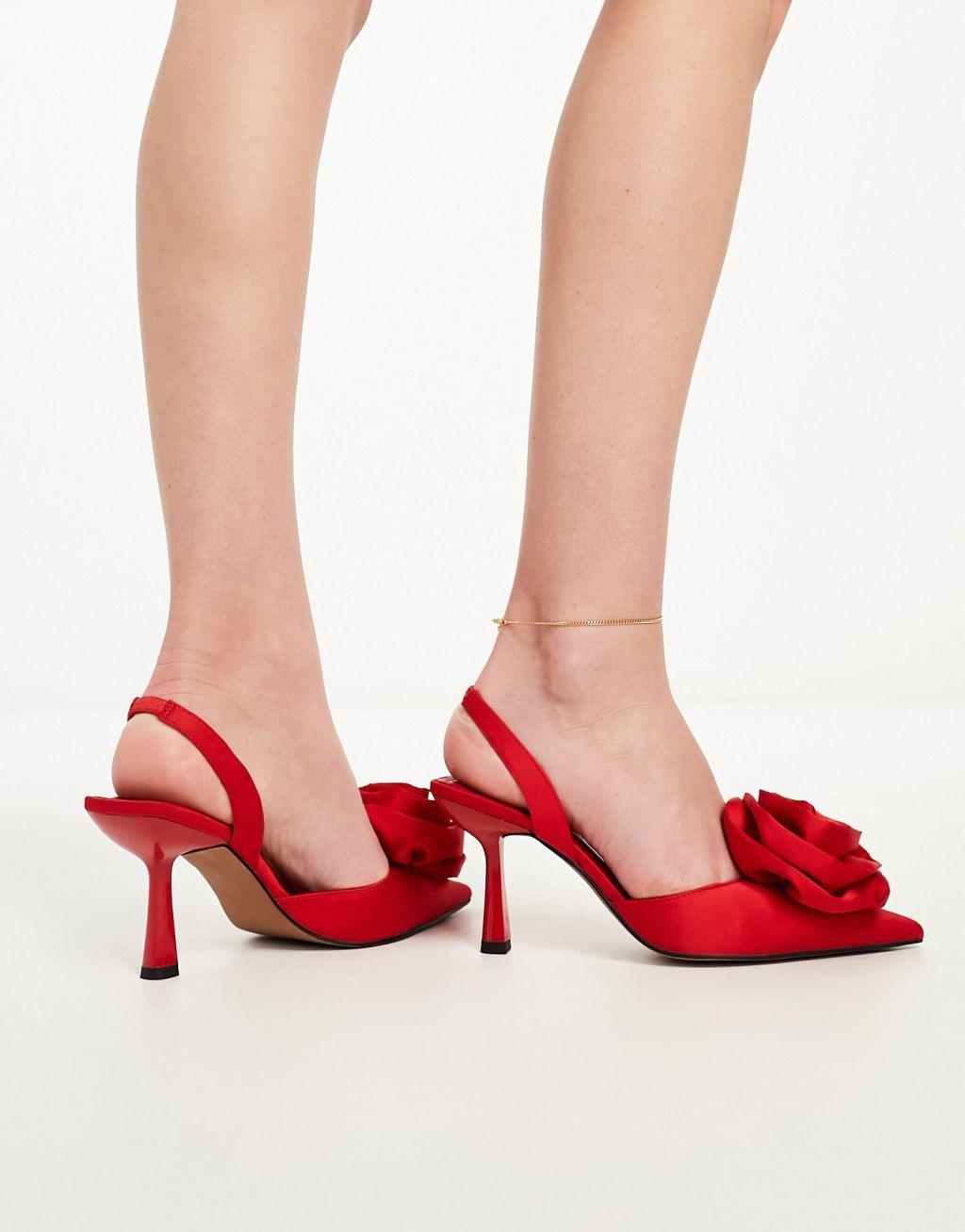 ASOS DESIGN Sia corsage slingback mid heeled shoes in red Product Image