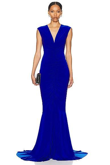 Norma Kamali Sleeveless Deep V Neck Shirred Front Fishtail Gown Royal. (also in S). Product Image