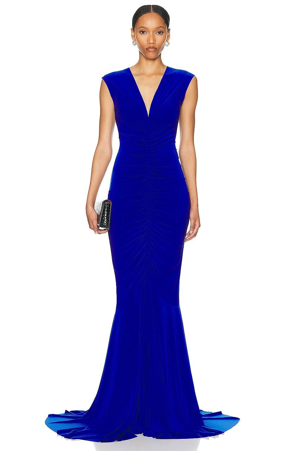 Norma Kamali Sleeveless Deep V Neck Shirred Front Fishtail Gown in Royal. Product Image