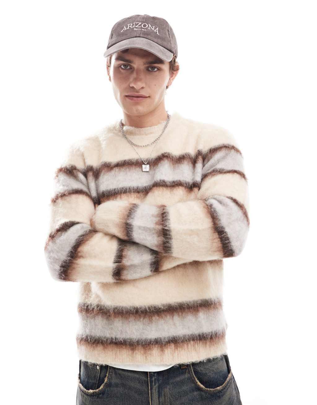 ASOS DESIGN fluffy knitted sweater in ecru and brown stripe Product Image