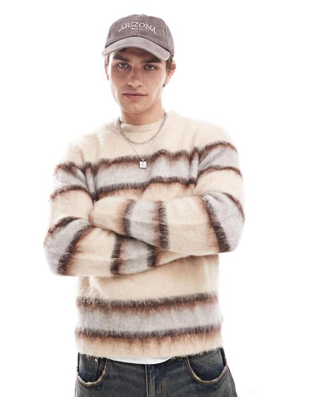 ASOS DESIGN fluffy knitted sweater in ecru and brown stripe Product Image