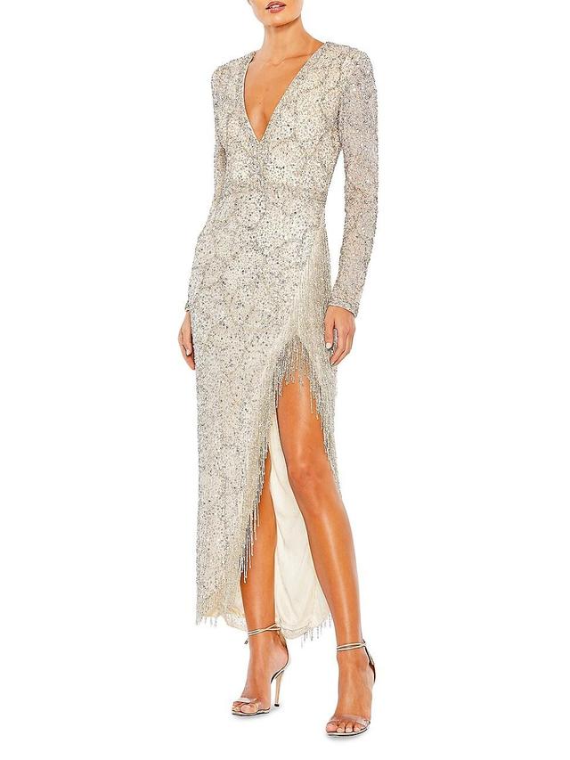 Mac Duggal Long Sleeve V-Neck Side Slit Beaded Hem Embellished Gown Product Image