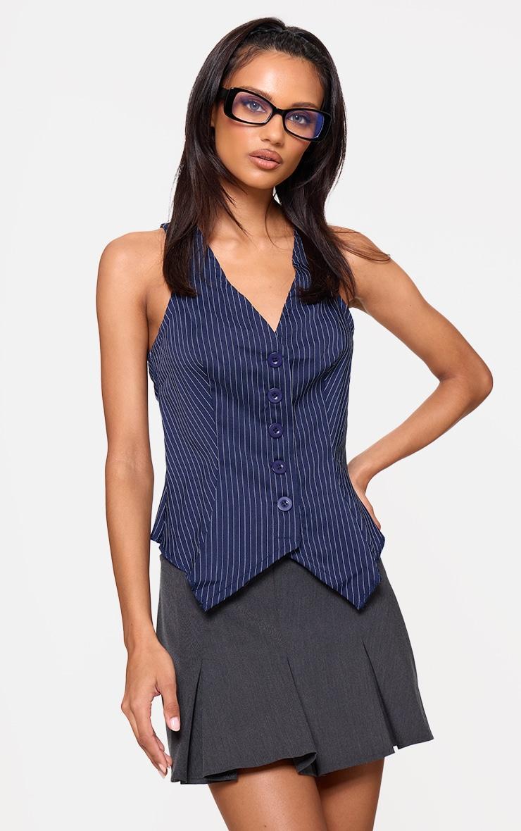 Navy Pinstripe Longline Vest Product Image