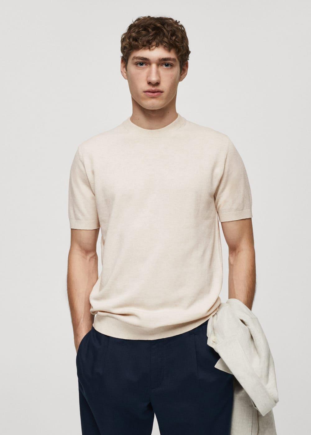 MANGO MAN - Structured cotton knit t-shirt ecruMen Product Image