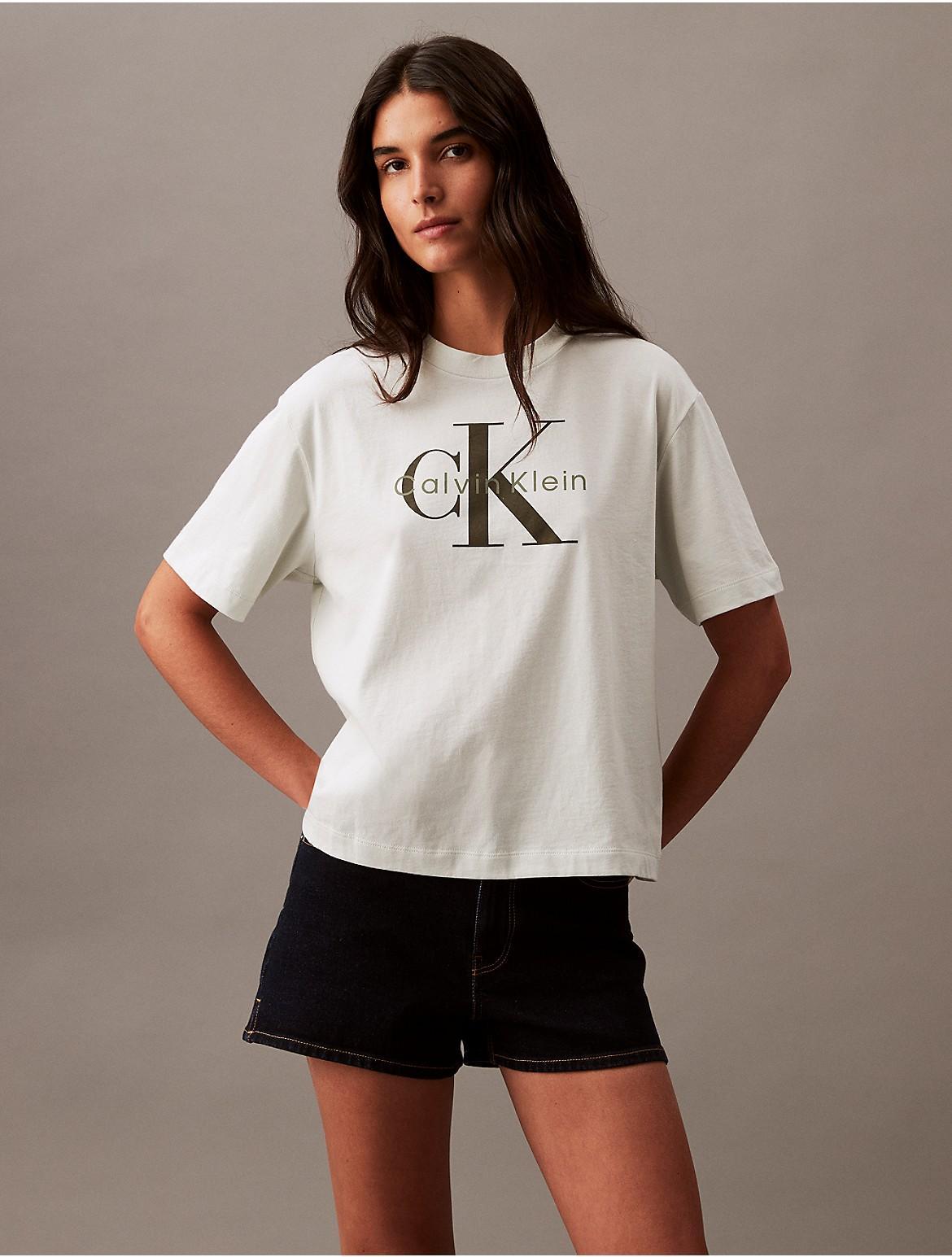 Calvin Klein Womens Monogram Logo Boxy Crewneck T-Shirt - Blue - M Product Image