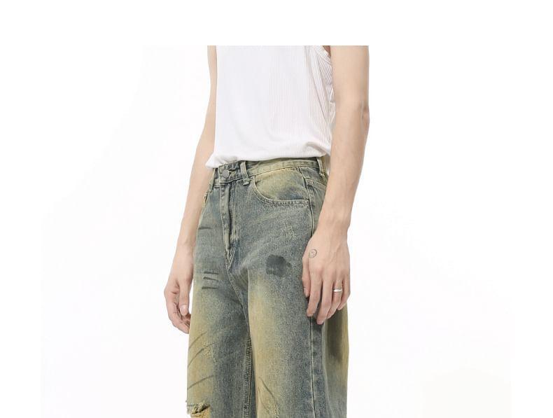 Mid Rise Distressed Washed Loose Fit Jeans Product Image